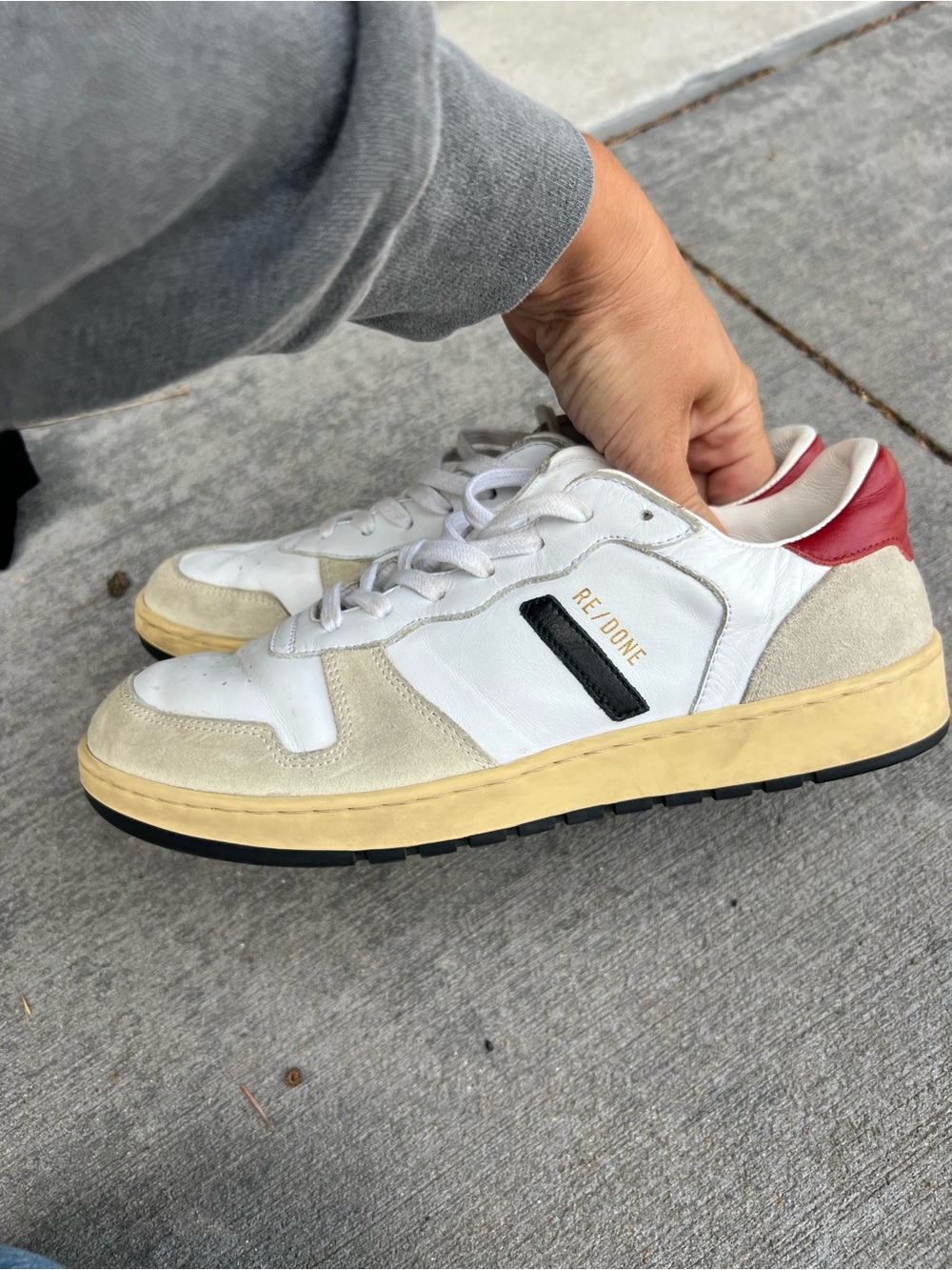 Re/Done Men’s White Leather Low-Top Sneakers with Red Heel